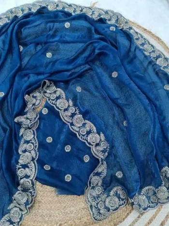 DESIGNER SPACE SILK CODING EMBROIDERY WORK SAREE WITH UNSTITCHED BLOUSE BLUE