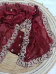 DESIGNER SPACE SILK CODING EMBROIDERY WORK SAREE WITH UNSTITCHED BLOUSE MAROON
