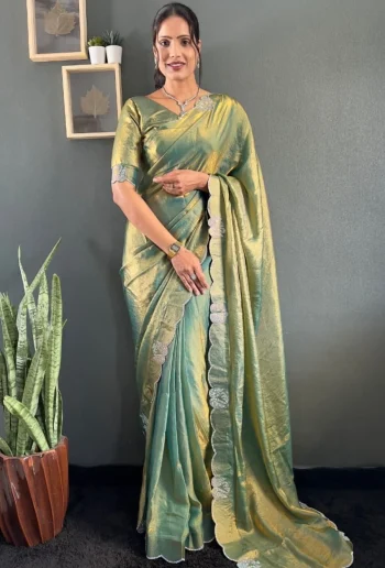 DESIGNER SPACE SILK SWAROWSKI &CUT WORK READY TO WEAR SAREE WITH UNSTITCHED BLOUSE PISTA