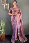 DESIGNER SPACE SILK SWAROWSKI &CUT WORK READY TO WEAR SAREE WITH UNSTITCHED BLOUSE LAVENDER