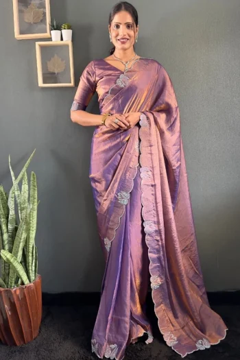 DESIGNER SPACE SILK SWAROWSKI &CUT WORK READY TO WEAR SAREE WITH UNSTITCHED BLOUSE LAVENDER