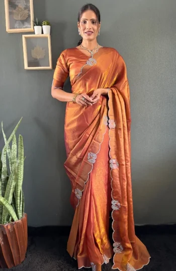 DESIGNER SPACE SILK SWAROWSKI &CUT WORK READY TO WEAR SAREE WITH UNSTITCHED BLOUSE ORANGE