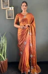 DESIGNER SPACE SILK SWAROWSKI &CUT WORK READY TO WEAR SAREE WITH UNSTITCHED BLOUSE ORANGE