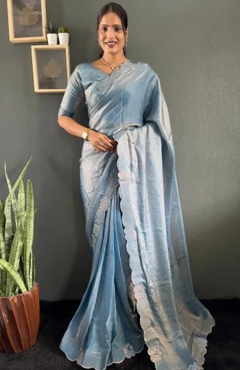 DESIGNER SPACE SILK SWAROWSKI &CUT WORK READY TO WEAR SAREE WITH UNSTITCHED BLOUSE SKY