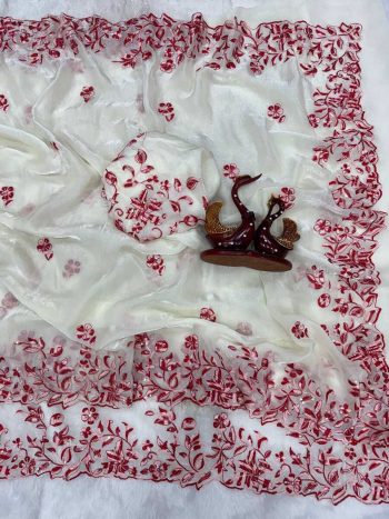 DESIGNER SPACE SILK THREAD AND SEQUENCE EMBROIDERY WORK SAREE WITH UNSTITCHED BLOUSE OFF WHITE