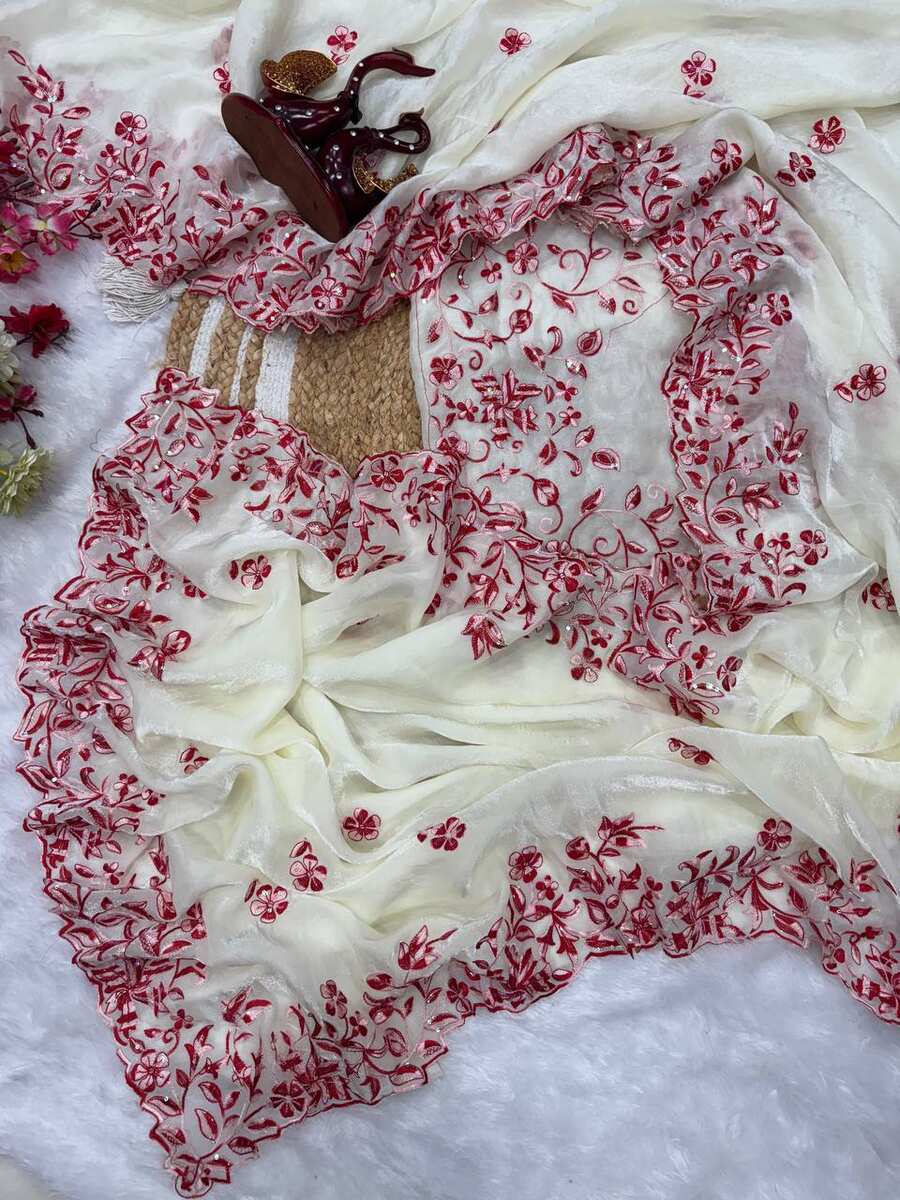 DESIGNER SPACE SILK THREAD AND SEQUENCE EMBROIDERY WORK SAREE WITH UNSTITCHED BLOUSE WEDDING WEAR WHOLESALE PRICE ETHNIC GARMENT (2)