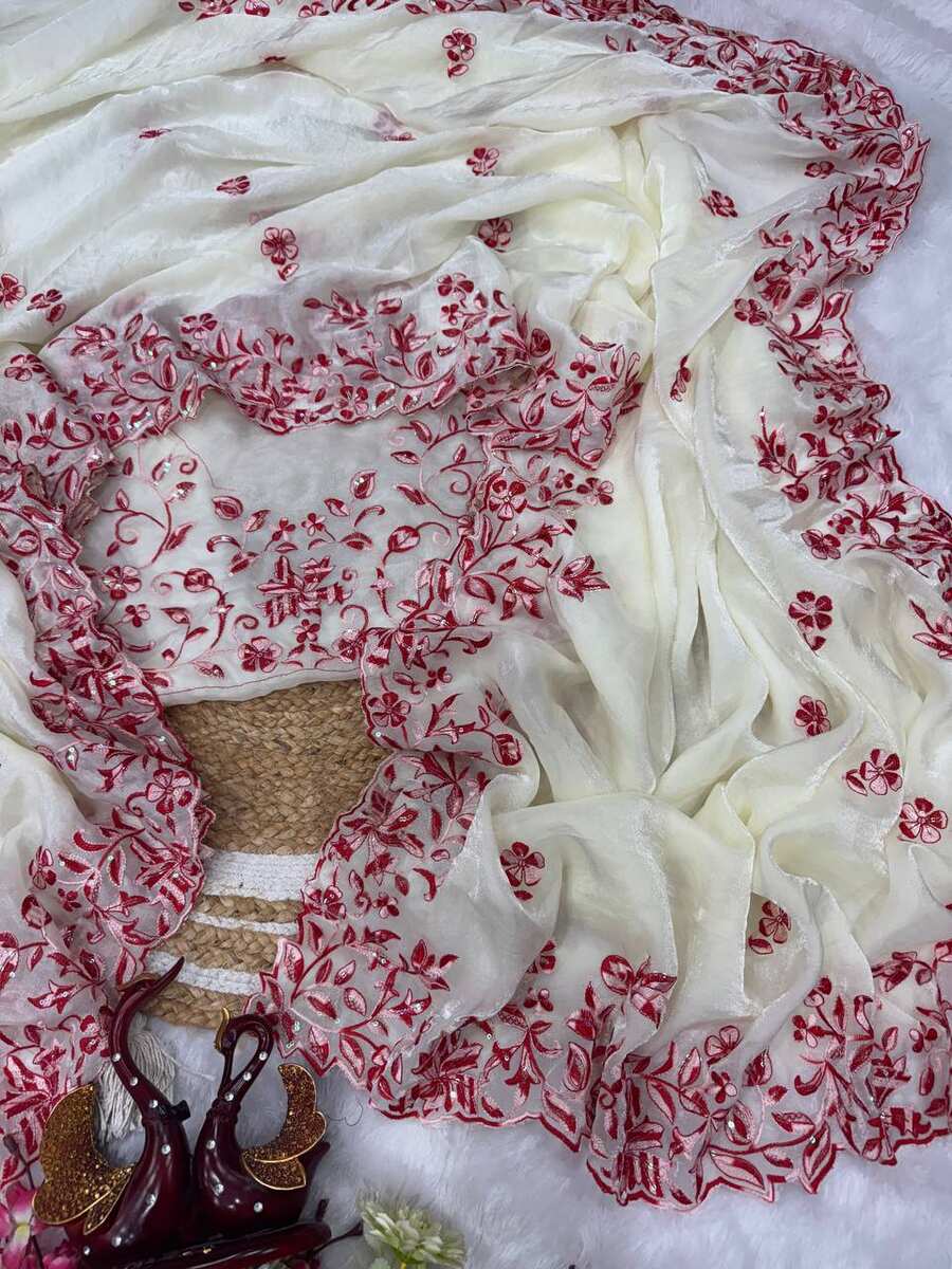 DESIGNER SPACE SILK THREAD AND SEQUENCE EMBROIDERY WORK SAREE WITH UNSTITCHED BLOUSE WEDDING WEAR WHOLESALE PRICE ETHNIC GARMENT (6)