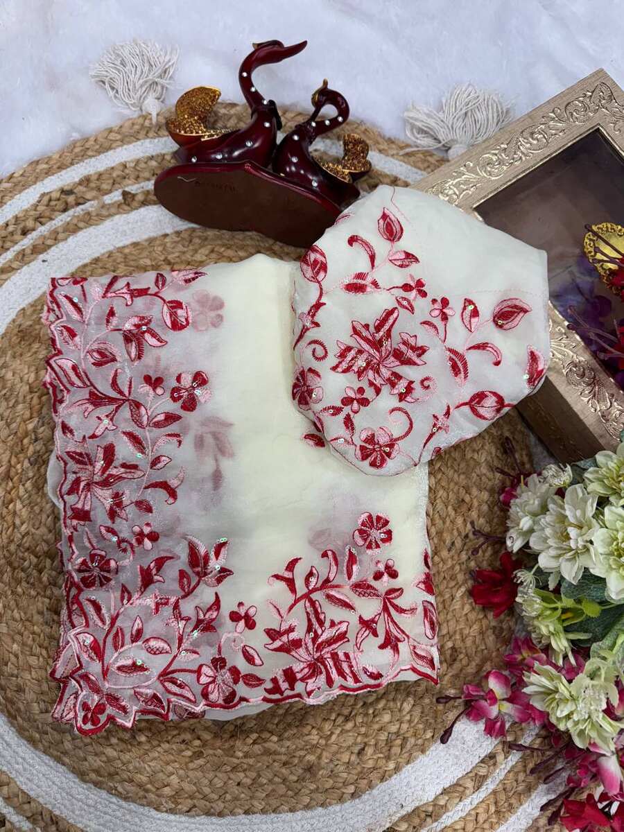 DESIGNER SPACE SILK THREAD AND SEQUENCE EMBROIDERY WORK SAREE WITH UNSTITCHED BLOUSE WEDDING WEAR WHOLESALE PRICE ETHNIC GARMENT (8)