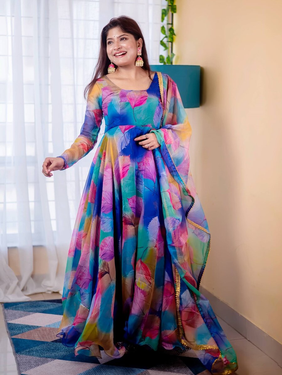 DESIGNER TABBY ORGANZA SILK DIGITAL PRINT WORK GOWN BOTTOM WITH DUPATTA FESTIVE WEAR WHOLESALE PRICE ETHNIC GARMENT (1)