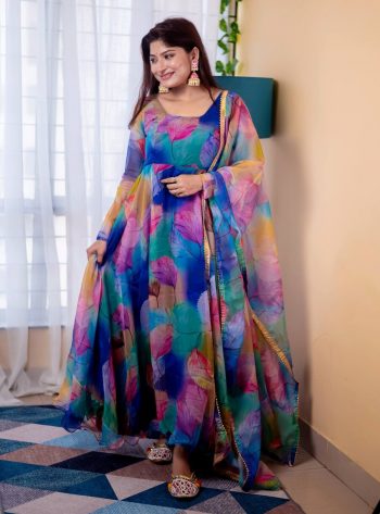 DESIGNER TABBY ORGANZA SILK DIGITAL PRINT WORK GOWN BOTTOM WITH DUPATTA MULTI