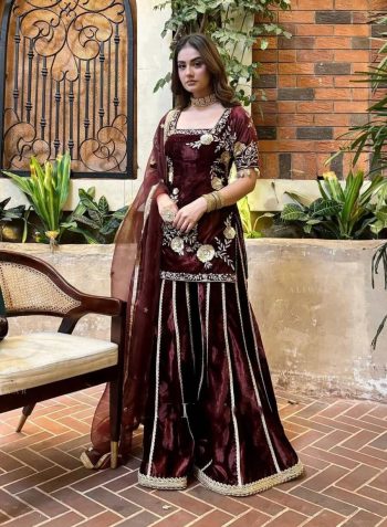 DESIGNER VELVET EMBROIDERY MULTI NEEDLE SEQUENCE WORK TOP PALAZZO WITH DUPATTA MAROON