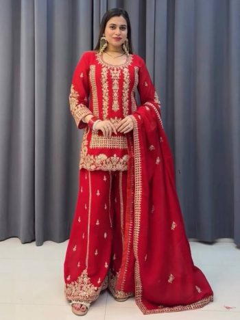 DESIGNER VICHITRA SILK EMBROIDERY SEQUENCE WORK TOP PALAZZO WITH DUPATTA RED