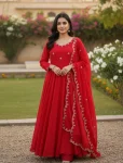 DESIGNER VICHITRA SILK EMBROIDERY SEQUENCE ZARI WORK GOWN BOTTOM WITH DUPATTA RED