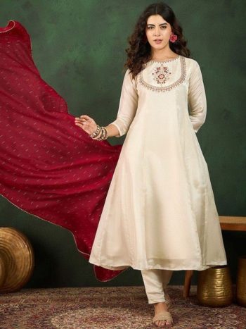 DESIGNER VICHITRA SILK EMBROIDERY WORK TOP BOTTOM WITH DUPATTA WHITE AND MAROON