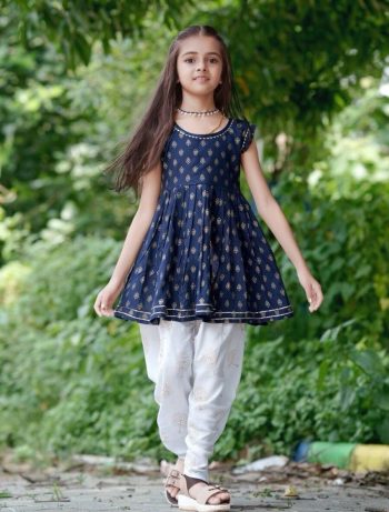 FANCY 14KG RAYON FOIL PRINT AND LACE WORK KID'S TOP AND DHOTI SET NAVY BLUE
