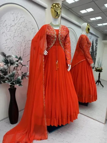 FANCY BANDHANI SILK EMBROIDERY SEQUENCE & CODING WORK WITH BANDHANI PRINT WORK GOWN KOTI WITH DUPATTA ORANGE