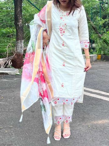 FANCY CHANDERI SILK SEQUENCE EMBROIDERY WORK TOP BOTTOM WITH DUPATTA  WHITE