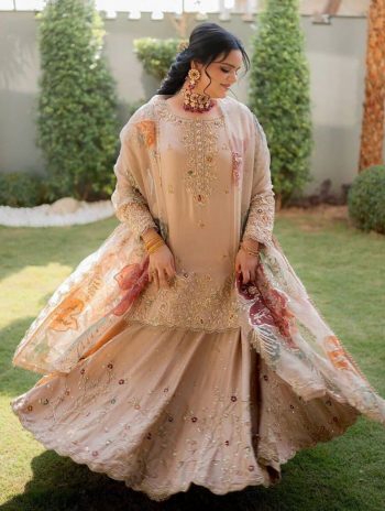 FANCY CHINON SEQUANCE EMBROIDERY WORK TOP LEHENGA WITH DUPATTA CREAM