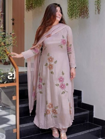 FANCY CHINON SILK DIGITAL PRINT HAND WORK TOP BOTTOM WITH DUPATTA PINK
