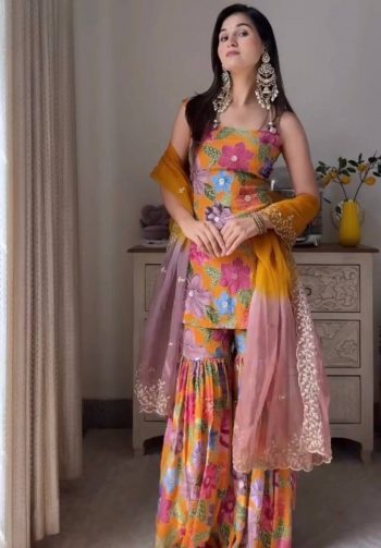FANCY CHINON SILK DIGITAL PRINT WITH HEAVY STONE HAND WORK TOP SHARARA WITH DUPATTA MULTI