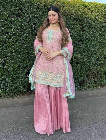 FANCY CHINON SILK EMBROIDERY SEQUENCE AND THREAD WORK AND LACE WORK TOP PALAZZO WITH DUPATTA BABY PINK