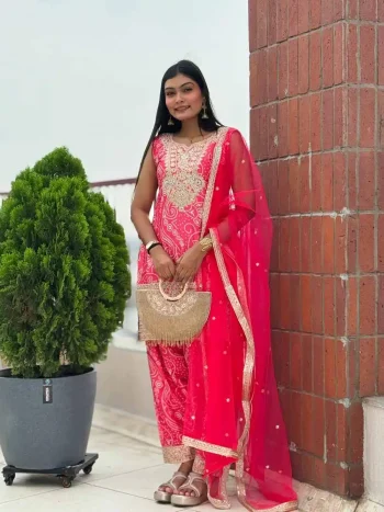 FANCY CHINON SILK EMBROIDERY SEQUENCE CODING WORK AND DIGITAL PRINT WITH HAND WORK LACE WORK TOP PATIYALA WITH DUPATTA RANI