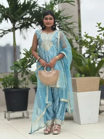 FANCY CHINON SILK EMBROIDERY SEQUENCE CODING WORK AND DIGITAL PRINT WITH HAND WORK LACE WORK TOP PATIYALA WITH DUPATTA SKY