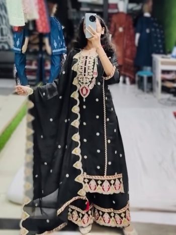 FANCY CHINON SILK EMBROIDERY SEQUENCE WORK TOP PALAZZO WITH DUPATTA BLACK