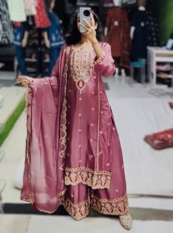 FANCY CHINON SILK EMBROIDERY SEQUENCE WORK TOP PALAZZO WITH DUPATTA LAVENDER