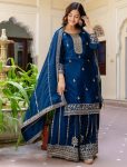 FANCY CHINON SILK EMBROIDERY SEQUENCE ZARI WOEK TOP PALAZZO WITH DUPATTA NAVY BLUE