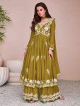 FANCY CHINON SILK EMBROIDERY THREAD WORK ALIA CUT GOWN PALAZZO WITH DUPATTA GREEN