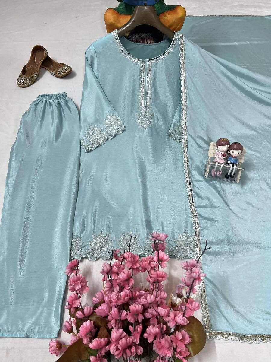 FANCY CHINON SILK SEQUENCE & ZARI EMBROIDERY WORK TOP PALAZZO WITH DUPATTA FESTIVE WEAR WHOLESALE PRICE ETHNIC GARMENT (1)