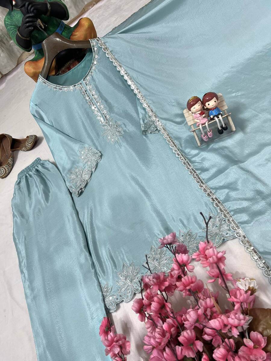 FANCY CHINON SILK SEQUENCE & ZARI EMBROIDERY WORK TOP PALAZZO WITH DUPATTA FESTIVE WEAR WHOLESALE PRICE ETHNIC GARMENT (15)