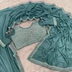 FANCY CHOCOLATE SILK BEADS EMBROIDERY LACE WORK SAREE WITH STITCHED BLOUSE SKY