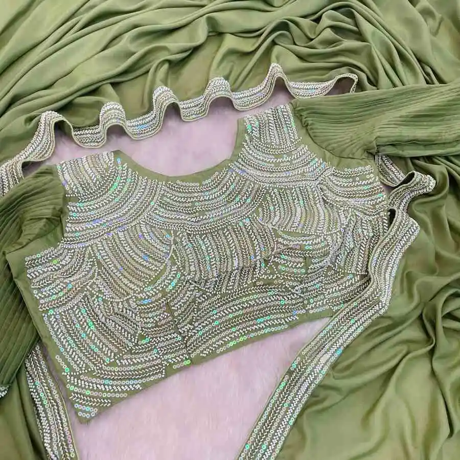 FANCY CHOCOLATE SILK BEADS EMBROIDERY LACE WORK SAREE WITH UNSTITCHED BLOUSE PARTY WEAR WHOLESALE PRICE ETHNIC GARMENT (3)