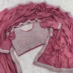 FANCY CHOCOLATE SILK BEADS EMBROIDERY LACE WORK SAREE WITH STITCHED BLOUSE PEACH