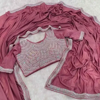 FANCY CHOCOLATE SILK BEADS EMBROIDERY LACE WORK SAREE WITH STITCHED BLOUSE PEACH