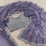 FANCY CHOCOLATE SILK BEADS EMBROIDERY LACE WORK SAREE WITH STITCHED BLOUSE LAVENDER