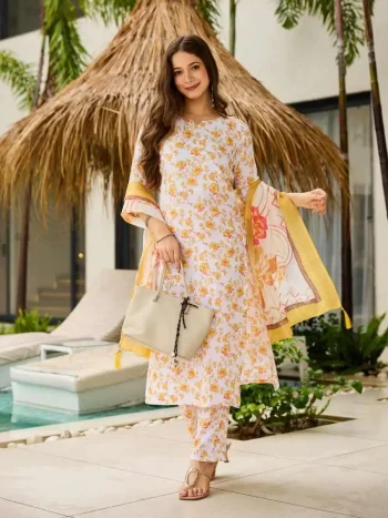 FANCY COTTON BLEND DIGITAL PRINT WORK TOP BOTTOM WITH DUPATTA YELLOW