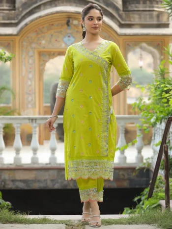 FANCY COTTON CHANDERI EMBROIDERY WORK TOP BOTTOM SET  PARROT GREEN