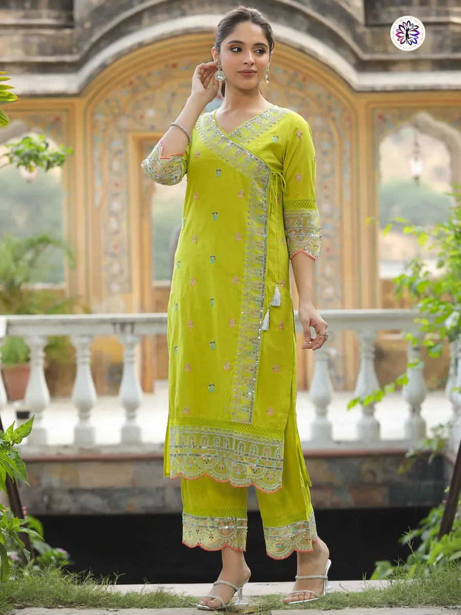 FANCY COTTON CHANDERI EMBROIDERY WORK TOP BOTTOM SET OFFICE WEAR WHOLESALE PRICE ETHNIC GARMENT (2)