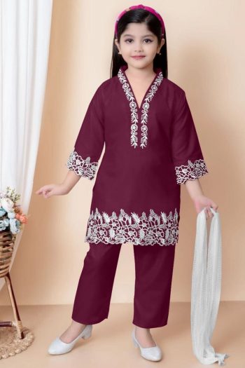 FANCY CREPE EMBROIDERY WORK KID'S TOP BOTTOM WITH DUPATTA WINE