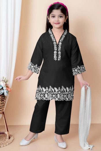 FANCY CREPE EMBROIDERY WORK KID'S TOP BOTTOM WITH DUPATTA BLACK