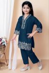 FANCY CREPE EMBROIDERY WORK KID'S TOP BOTTOM WITH DUPATTA TEAL