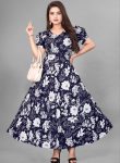 FANCY CREPE FLOWER DIGITAL PRINT WORK GOWN NAVY BLUE