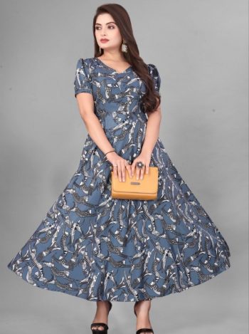 FANCY CREPE FLOWER DIGITAL PRINT WORK GOWN GREY
