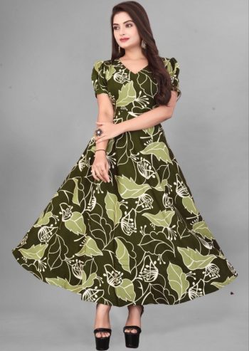 FANCY CREPE FLOWER DIGITAL PRINT WORK GOWN MEHNDI