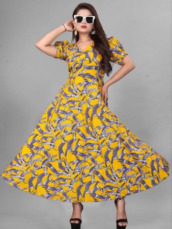 FANCY CREPE FLOWER DIGITAL PRINT WORK GOWN YELLOW