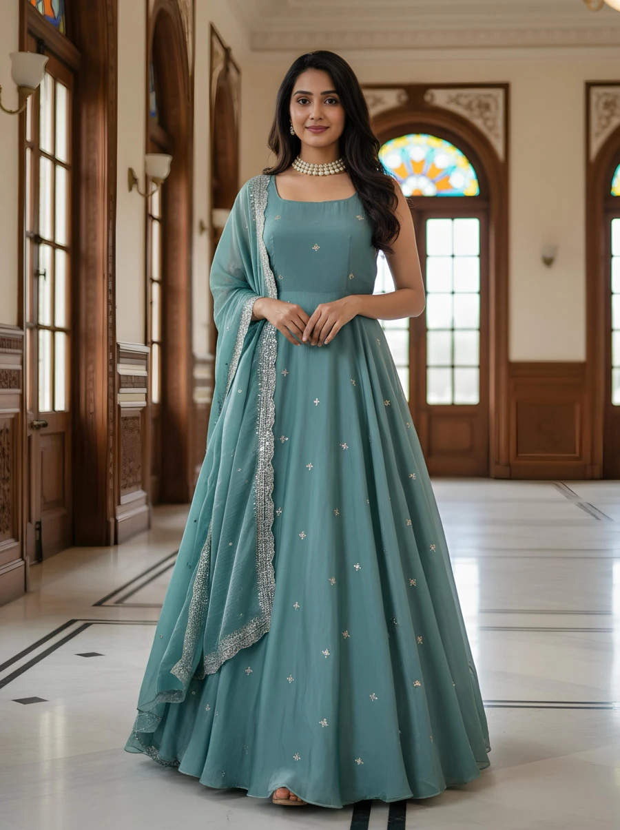 FANCY FENDY SATIN EMBROIDERY SEQUENCE ZARI WORK GOWN BOTTOM WITH DUPATTA FESTIVE WEAR WHOLESALE PRICE ETHNIC GARMENT (7)