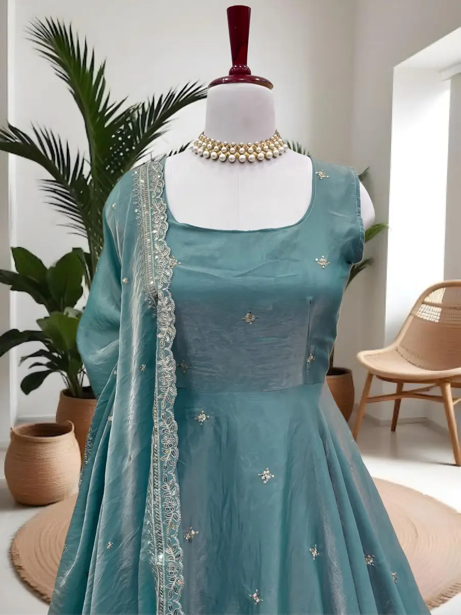 FANCY FENDY SATIN EMBROIDERY SEQUENCE ZARI WORK GOWN BOTTOM WITH DUPATTA FESTIVE WEAR WHOLESALE PRICE ETHNIC GARMENT (8)